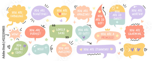 Collection of doodle speech bubbles with love quotes and compliments. Vector for romantic Valentines day projects. Isolated on white background.