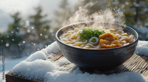 A winter outdoor scene with a traditional Japanese bowl of steaming udon noodles, placed on a rustic snow-covered wooden table. photo