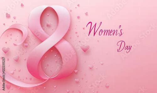 3D pink ribbon in the shape of the number 8 with hearts on a light background, Women's Day sale banner template with the text special offer and shop now.