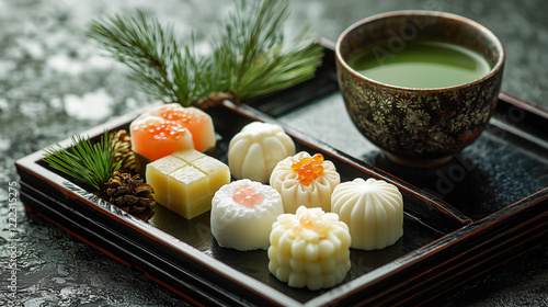 A traditional Japanese New Year dessert scene featuring plated wagashi sweets, including daifuku and yōkan, served alongside a cup of green matcha tea on a dark lacquered tray. photo