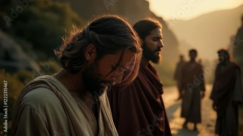 Two disciples Jesus on the Road to Emmaus. Bible stories. Easter resurrection holiday.