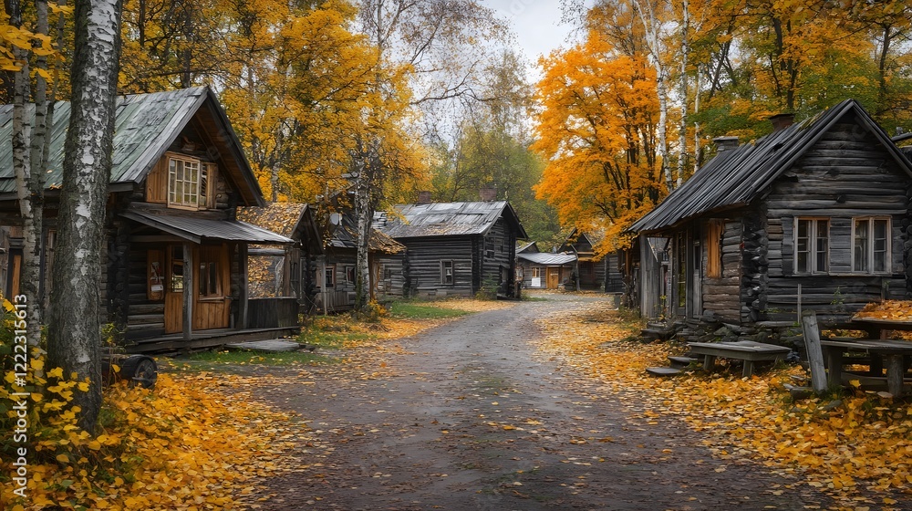 Autumn Village Scene Rustic Wooden Houses Fall Foliage Pathway Autumn Village Scene Rustic Wooden Houses Fall Foliage Pathway