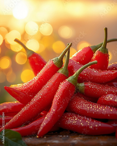 A dynamic perspective cosmetic ad, focusing on a small pile of glossy red chili peppers that shimmer under the soft, warm morning sunlight photo