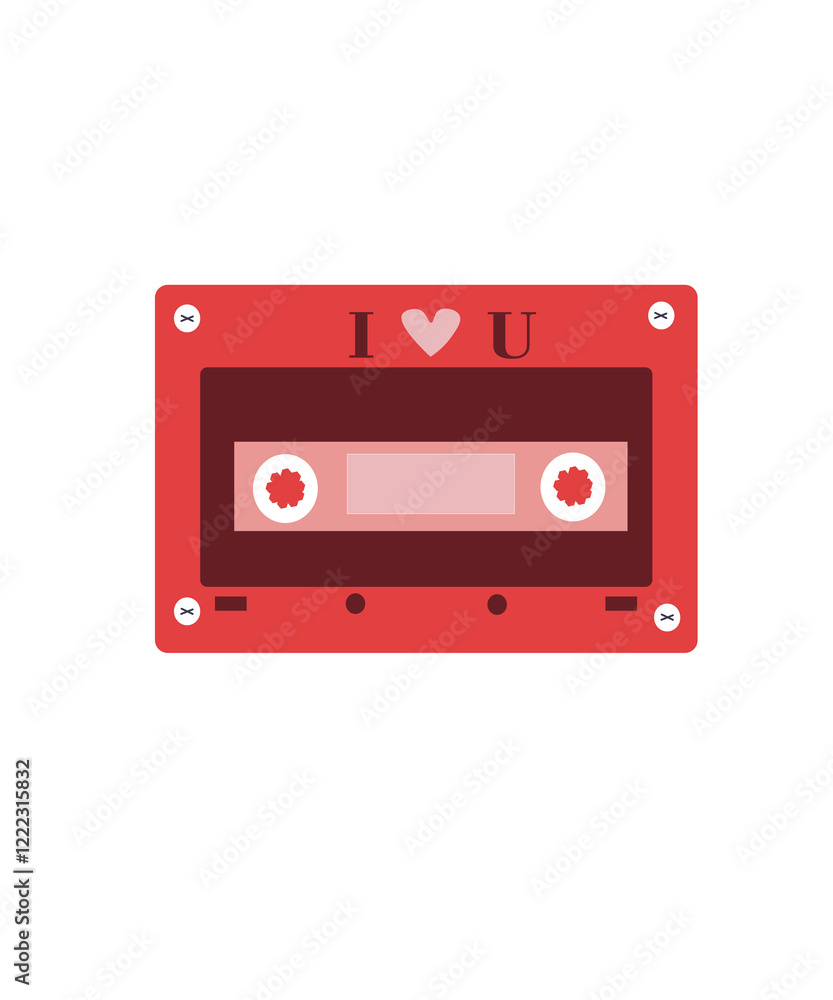 Audio cassette with love songs. Portable music device. Vector illustration in flat style Audio cassette with love songs. Portable music device. Vector illustration in flat style
