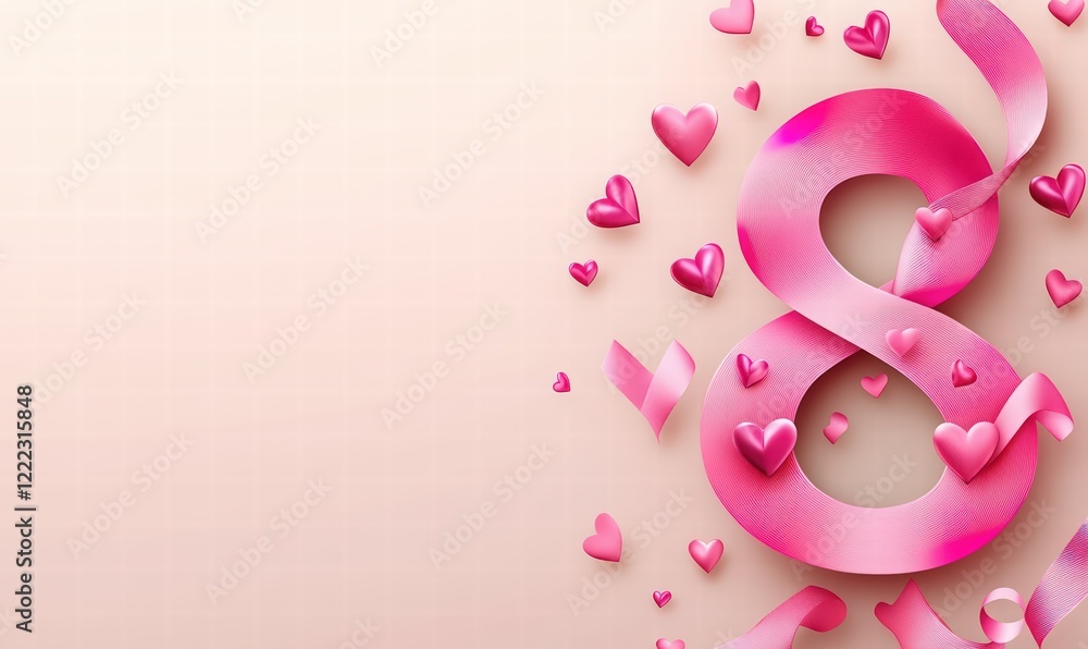 3D pink ribbon in the shape of the number 8 with hearts on a light background, Women's Day sale banner template with the text special offer and shop now.
