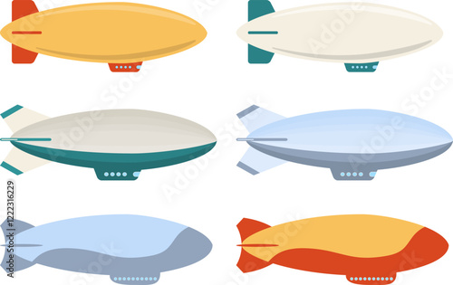 Airship, set of vintage dirigibles isolated on white background. Airship icon. Vector, designer illustration. Vector.