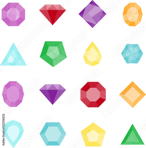 Precious stones, set of multicolored gemstones isolated on white background. Vector, designer illustration. Vector.