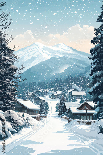 Flat vector illustration of a Hokkaido winter traveler spot, with snow-covered mountains and traditional Japanese houses in the background. photo