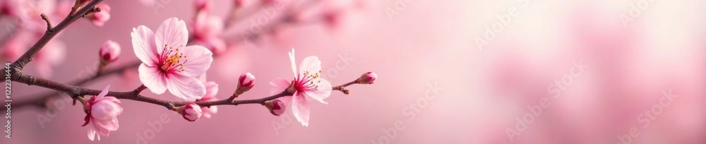 Fototapeta premium Delicate pink flowers against a soft spring background with isolated branches, stem, spring flowers background