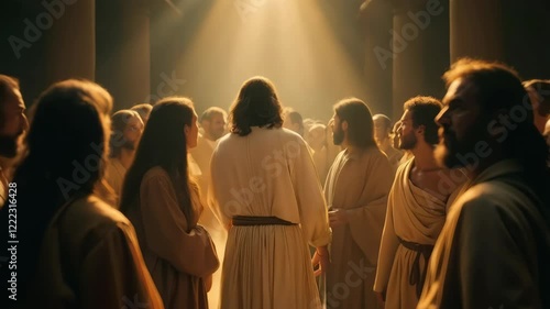 Jesus, subtly glowing, appearing amidst a group of astonished disciples in a dimly lit upper room. Bible stories. Easter resurrection holiday.
