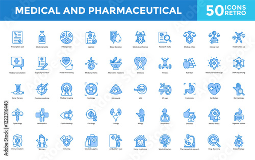 Medical and Pharmaceutical icon set with prescription pad, medicine bottle, pill dispenser, lab test, blood donation, medical conference, research study icon. Simple retro vector 
