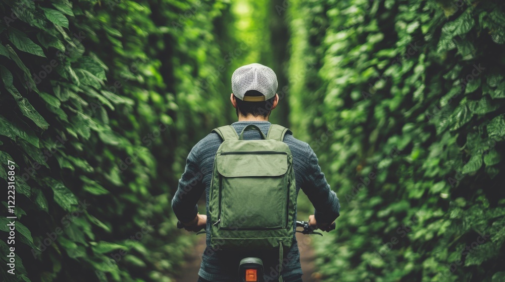Man Cycling Through Lush Green Path Surrounded by Dense Vegetation and Rich Foliage in Nature Man Cycling Through Lush Green Path Surrounded by Dense Vegetation and Rich Foliage in Nature