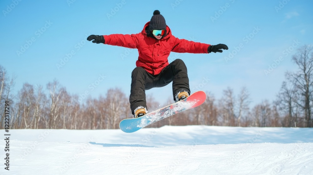 Snowboarder Executes Mid-Air Trick in Winter Landscape Surrounded by Frosty Trees and Clear Blue Sky