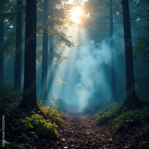 Smoke wafts upward from the forest floor misting the atmosphere, mysterious, wisps of smoke photo