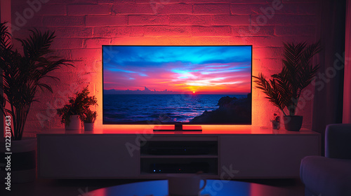 TV setup in modern living room, vibrant colors, cozy atmosphere, sunset on screen