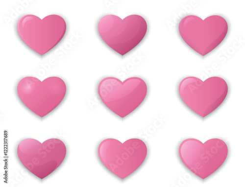Voluminous hearts icon set. Valentines day design elements. Love and romantic symbols in trendy pink tone. Vector 3d images