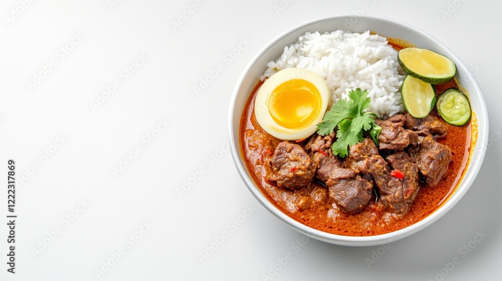 Flavorful Beef Curry Bowl with Rice and Garnishes on White Background Flavorful Beef Curry Bowl with Rice and Garnishes on White Background