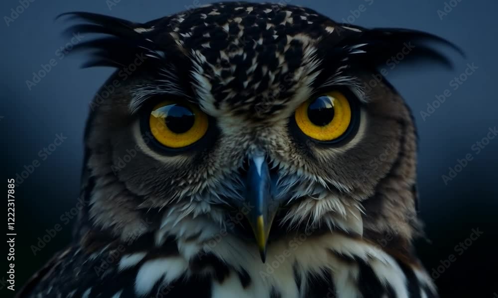 Close-up of a majestic owl with striking yellow eyes, set against a dark, blurred background at dusk Close-up of a majestic owl with striking yellow eyes, set against a dark, blurred background at dusk