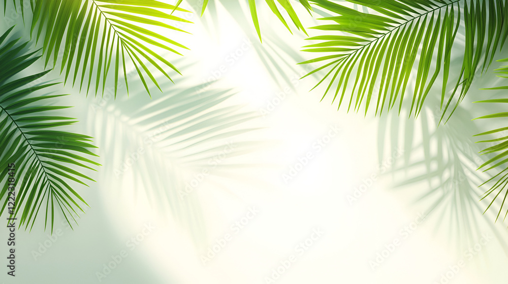 Fototapeta premium Sun-drenched tropical palm leaves, soft shadows, green foliage, summer vibes