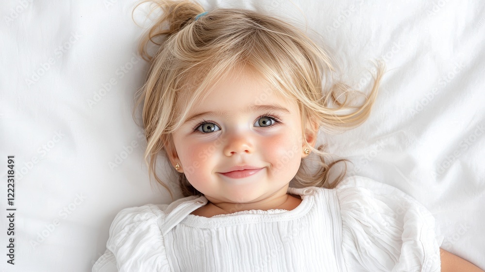 Toddler girl smiling on white bedding, overhead shot. Use children's products, family blogs Toddler girl smiling on white bedding, overhead shot. Use children's products, family blogs