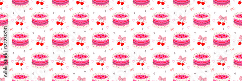Sweet cherry Valentines day cake with bows and whipped cream, cute vector seamless pattern, print, background, wallpaper