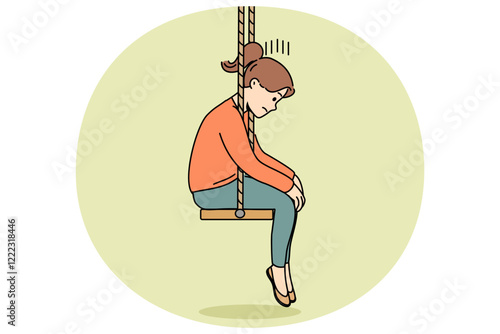 Upset little girl sits on swing with head down after parents divorce or reprimand at school. Upset schoolgirl is sad because of problems with friends who do not want to go out together