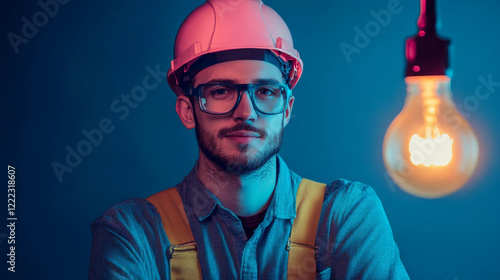 A male electrician in workwear stands in front of a light background ready to take on his electrical tasks.  AI generative photo