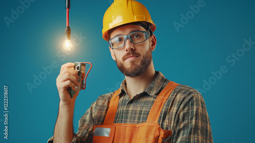 A male electrician in workwear stands in front of a light background ready to take on his electrical tasks.  AI generative photo