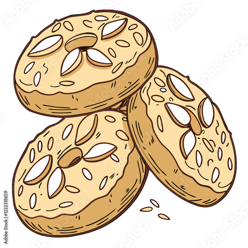 Hand-drawn Golden Almond Cookies with Almond Slices on White Background. Perfect for: Chinese New Year, Mid-Autumn Festival, casual gatherings
