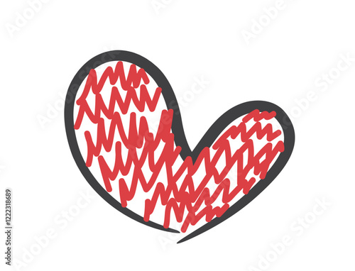Sketchy heart in red black tone. Love symbol. Isolated vector element for valentines day design