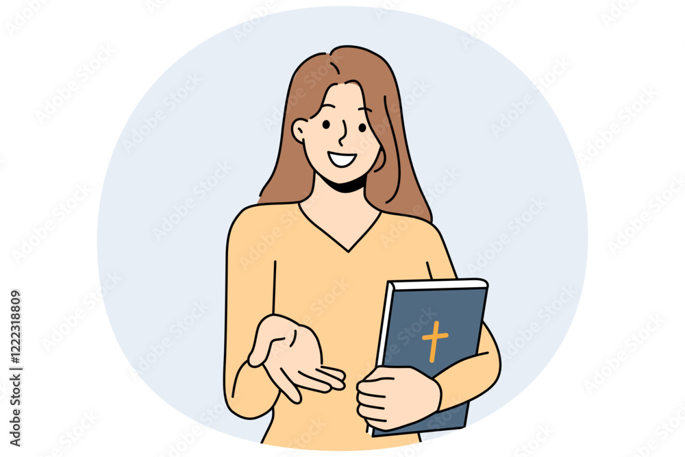 Believer woman with bible lends helping hand to people in need or invites them to christian charity organization. Girls hold book bible with catholic cross and lure parishioners in church for sermon Believer woman with bible lends helping hand to people in need or invites them to christian charity organization. Girls hold book bible with catholic cross and lure parishioners in church for sermon