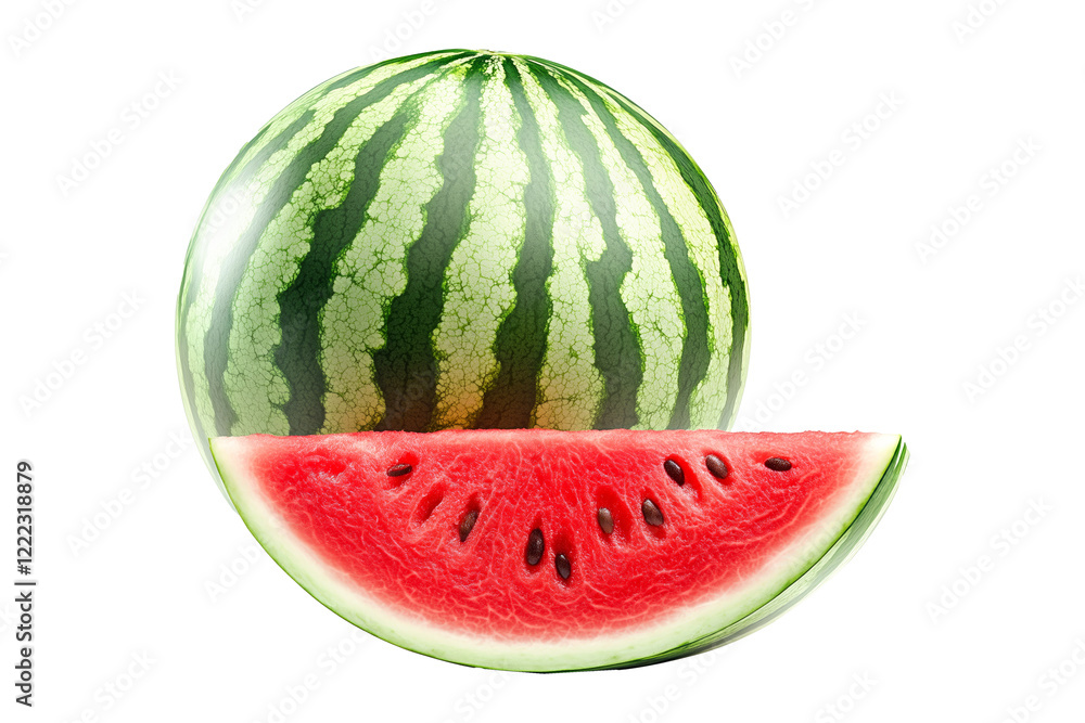 A closeup of fresh and juicy watermelon and slices isolated on white transparent background. A closeup of fresh and juicy watermelon and slices isolated on white transparent background.
