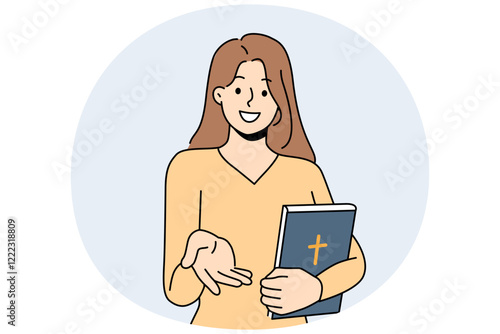 Believer woman with bible lends helping hand to people in need or invites them to christian charity organization. Girls hold book bible with catholic cross and lure parishioners in church for sermon