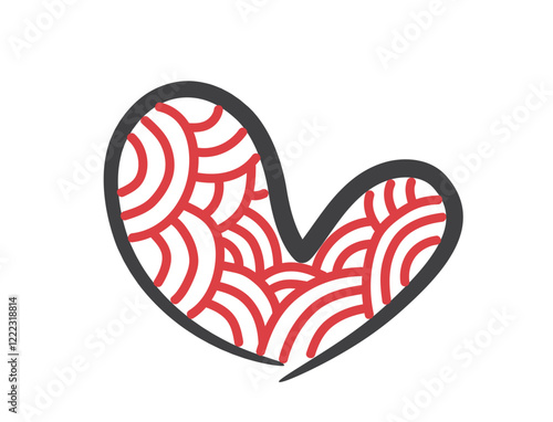 Doodle heart with red stripes. Love hand drawn symbol. Isolated vector element for valentines day design