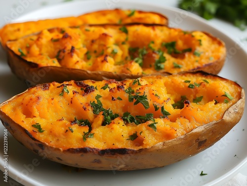 twice baked potatoes with cheesy topping, close-up view, delicious, appetizing, comfort food