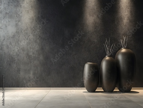 Contemporary Home Decor with Minimalist Vases on a Matte Black Wall, Wooden Flooring, and Natural Light, Perfect for Modern Interior Design Themes