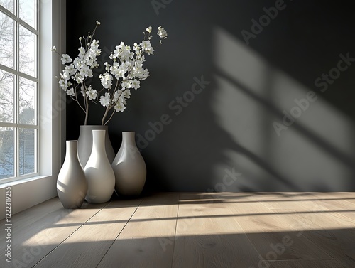 Contemporary Home Decor with Minimalist Vases on a Matte Black Wall, Wooden Flooring, and Natural Light, Perfect for Modern Interior Design Themes
