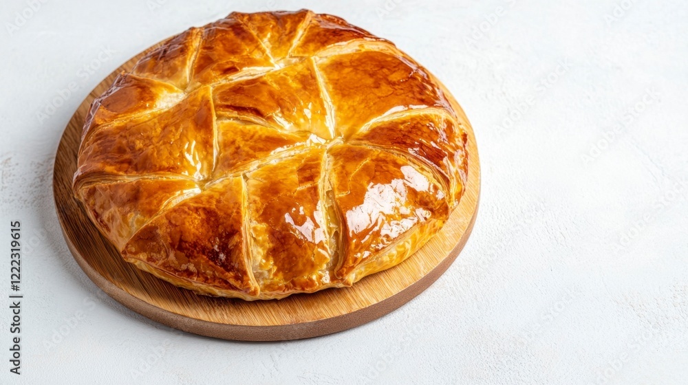 Freshly Baked Golden Pastry on Wooden Board with Flaky Crust Freshly Baked Golden Pastry on Wooden Board with Flaky Crust