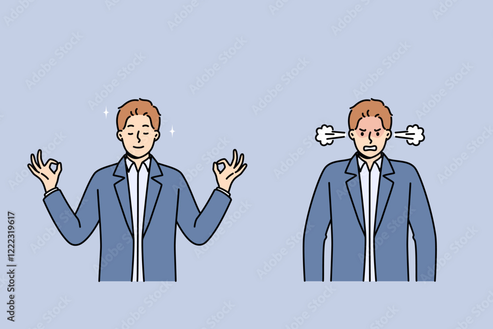 Calm meditating man turns into angry businessman due to constant problems in career. Meditating guy stands in lotus position and uses yoga practices to control own emotions and aggression. Calm meditating man turns into angry businessman due to constant problems in career. Meditating guy stands in lotus position and uses yoga practices to control own emotions and aggression.