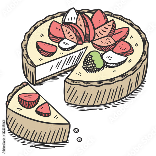 Hand-drawn Mini Cheesecake Tart with Fresh Fruit Cubes. Perfect for: Weddings, tea parties, casual gatherings