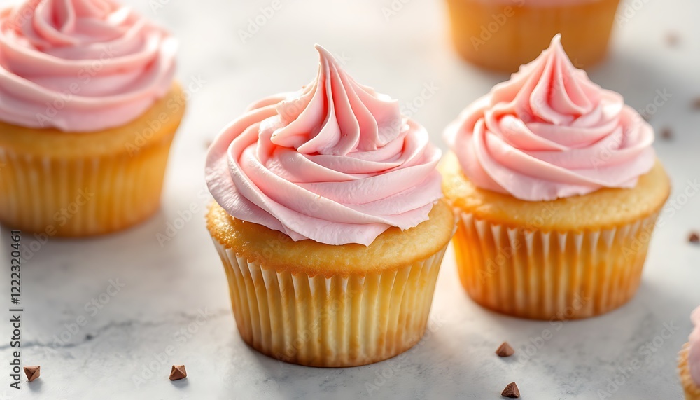 Pink Vanilla Cupcakes Swirled Frosting Sweet Treats Marble Background Pink Vanilla Cupcakes Swirled Frosting Sweet Treats Marble Background