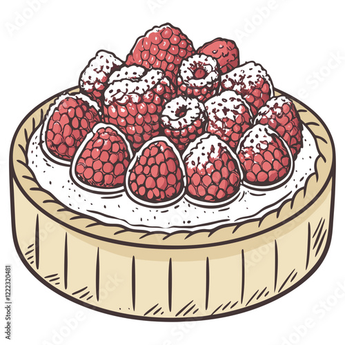 Hand-drawn Raspberry Tart with Bright Raspberries and Powdered Sugar. Perfect for: Valentine’s Day, casual desserts, romantic occasions