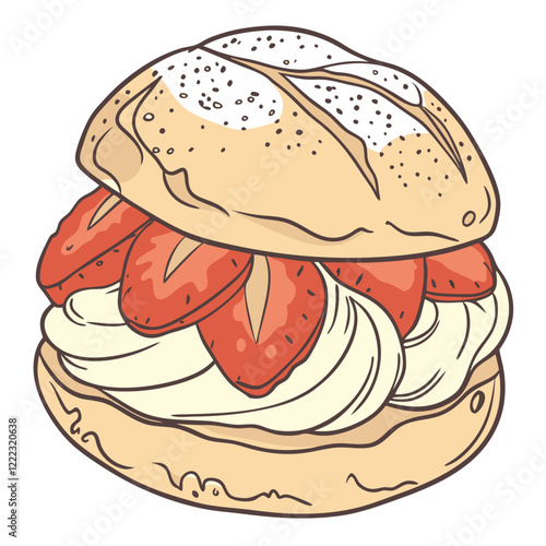 Hand-drawn Strawberry Cream Puff with Cream Filling and Strawberry Slices. Perfect for: Weddings, tea parties, spring gatherings