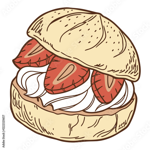 Hand-drawn Strawberry Cream Puff with Cream Filling and Strawberry Slices. Perfect for: Weddings, tea parties, spring gatherings