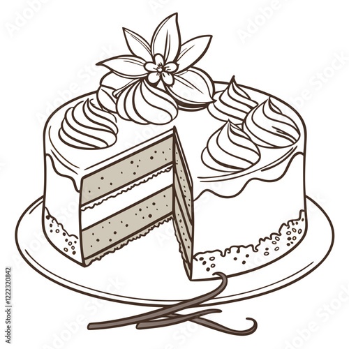 Hand-drawn Vanilla Cream Cake with Vanilla Pods and Whipped Cream. Perfect for: Weddings, anniversaries, casual gatherings