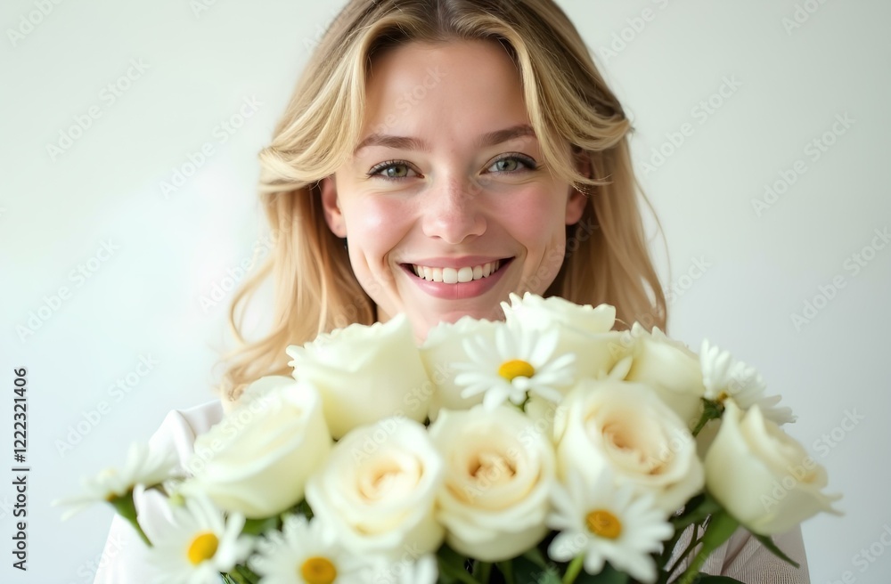 a portrait of a young cheerful blonde woman who holds a large bouquet of white roses a portrait of a young cheerful blonde woman who holds a large bouquet of white roses