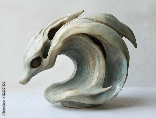 ceramic sculpture of a wave, grey and blue tones, dynamic form photo