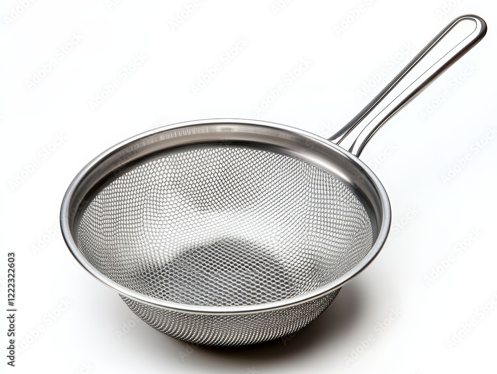 A stainless steel mesh strainer for kitchen use, ideal for draining liquids and sifting ingredients in cooking and baking. A stainless steel mesh strainer for kitchen use, ideal for draining liquids and sifting ingredients in cooking and baking.