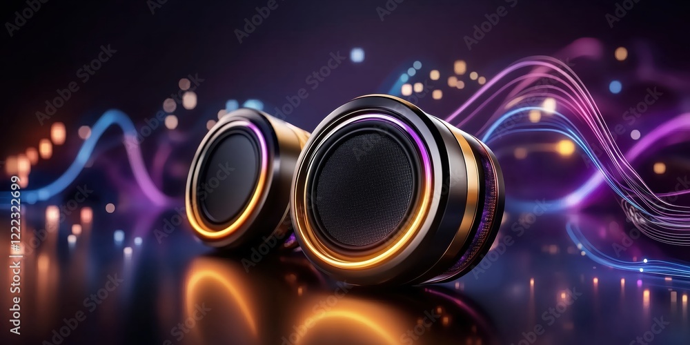Obraz premium Innovative audio system showcasing modern speakers futuristic setup high-tech environment artistic viewpoint