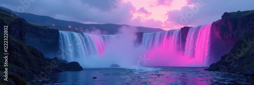 Pink neon highlights the misty atmosphere of a waterfall under a serene sky, misty, waterfall photo